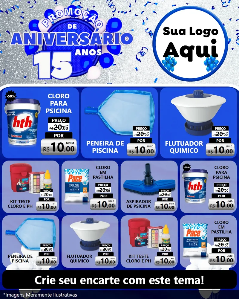 Modelo de Rede Social para Feed Instagram com o tema Promoção de Aniversário - 15 Anos para Produtos para Piscina