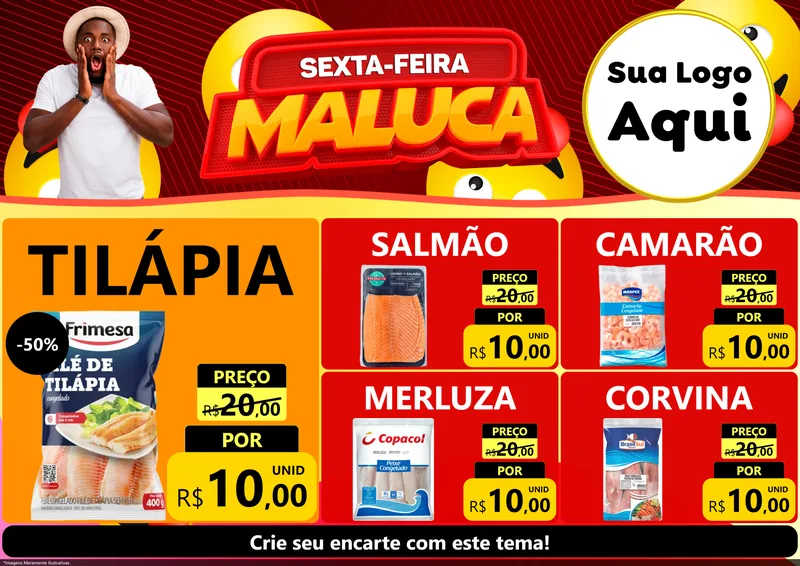 Modelo de Encarte para Encarte A4 Horizontal com o tema Sexta-feira Maluca para Peixaria