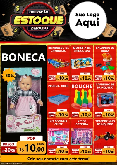 Modelo de Encarte para Encarte A4 Vertical com o tema Operação Estoque Zerado para Brinquedos
