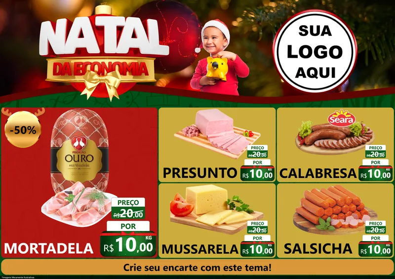Modelo de Encarte para Encarte A4 Horizontal com o tema Natal da Economia para Frios e Laticínios