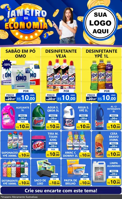 Modelo de Encarte para Encarte Grande com o tema Janeiro da Economia para Produtos de Limpeza
