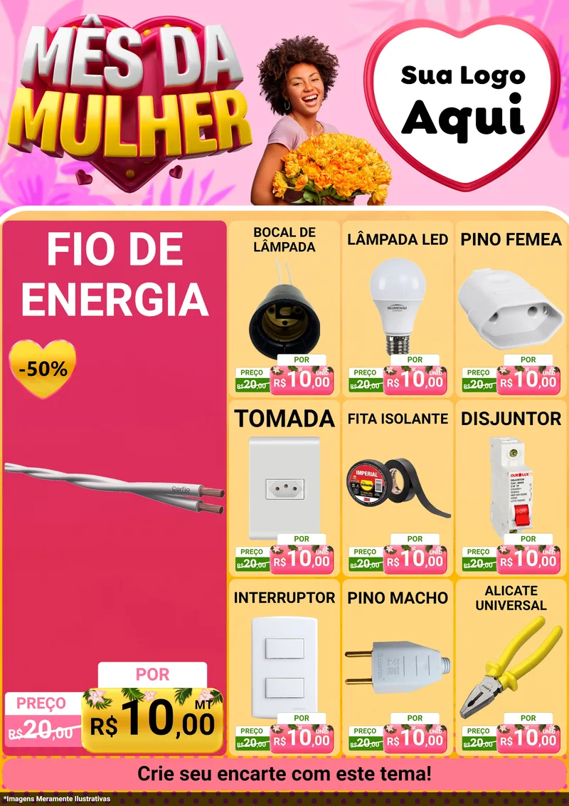 Modelo de Encarte para Encarte A4 Vertical com o tema Mês da Mulher para Materiais Elétricos