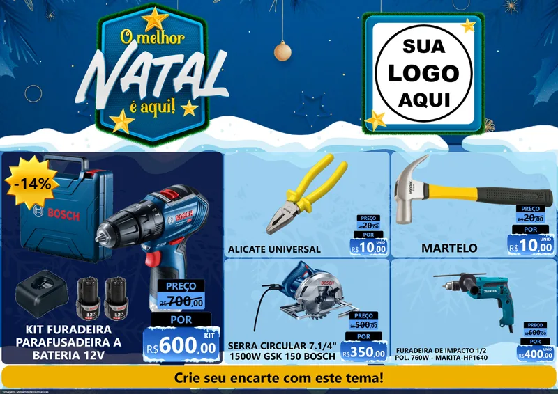 Modelo de Encarte para Encarte A4 Horizontal com o tema O Melhor Natal É Aqui! para Maquinas e Ferramentas