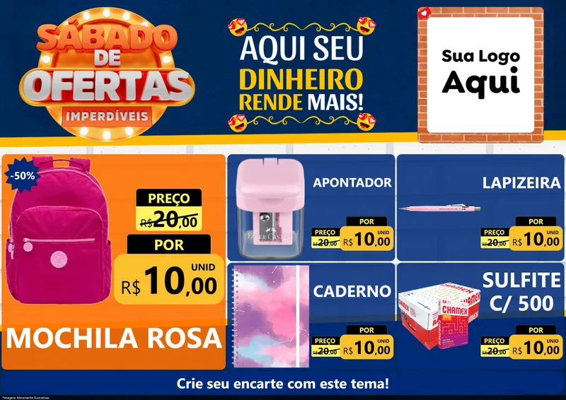Modelo de Encarte para Encarte A4 Horizontal com o tema Sábado de Ofertas Imperdíveis para Papelaria