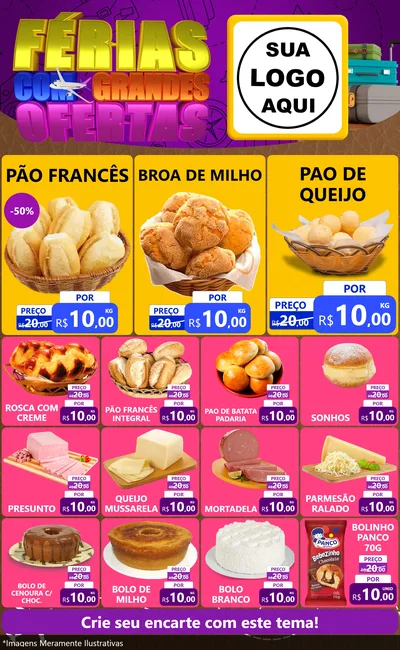 Modelo de Encarte para Encarte Grande com o tema Férias com Grandes Ofertas para Padaria