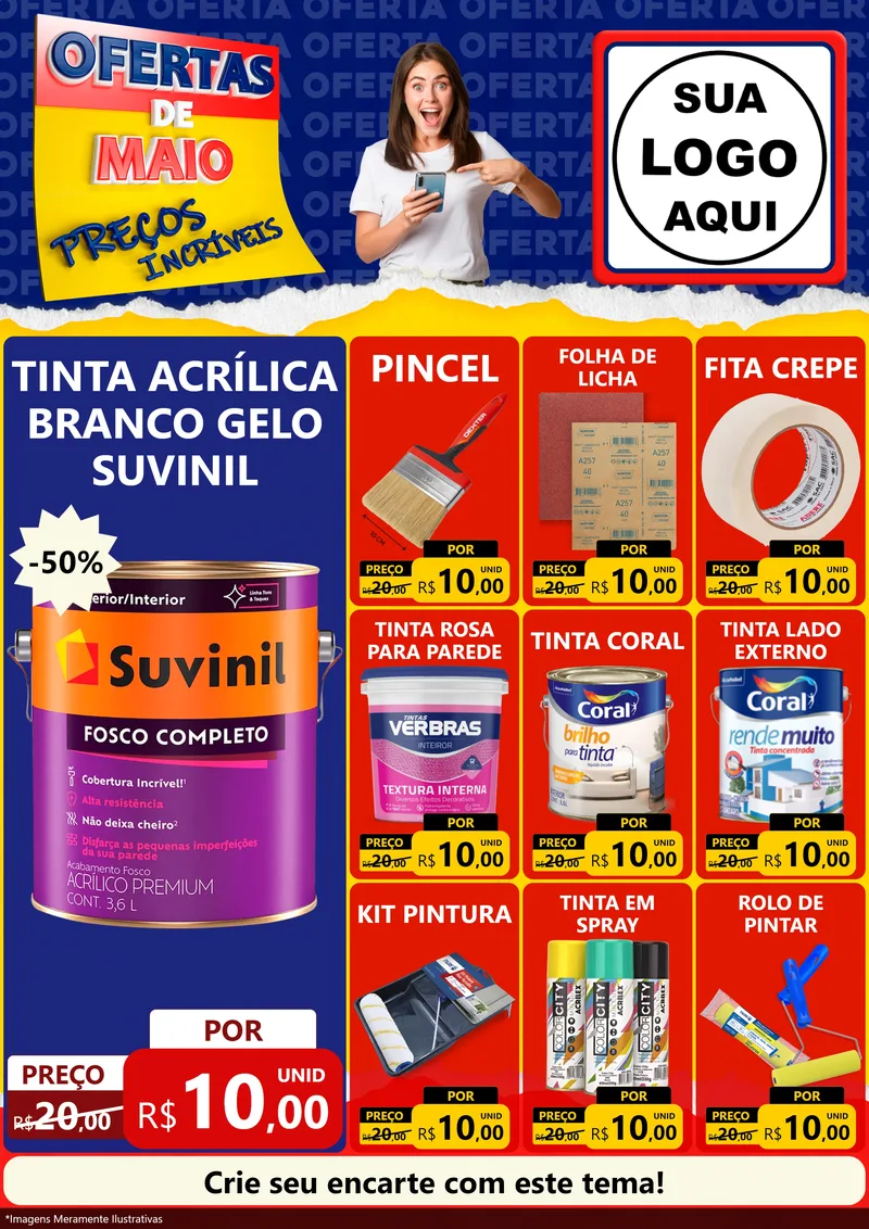 Modelo de Encarte para Encarte A4 Vertical com o tema Ofertas de Maio - Preços Incríveis para Tintas e Ferramentas