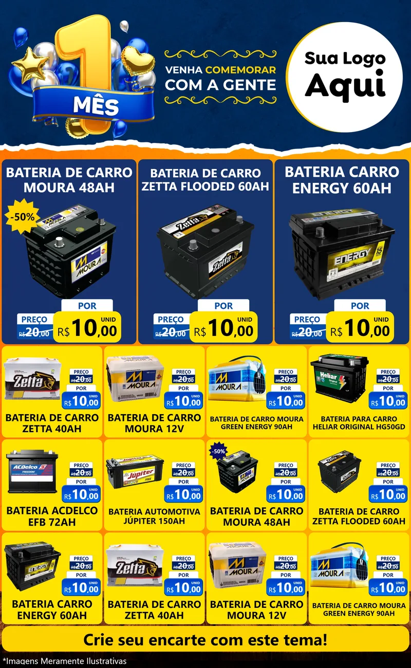 Modelo de Encarte para Encarte Grande com o tema Um Mês de Aniversário para Baterias Elétricas
