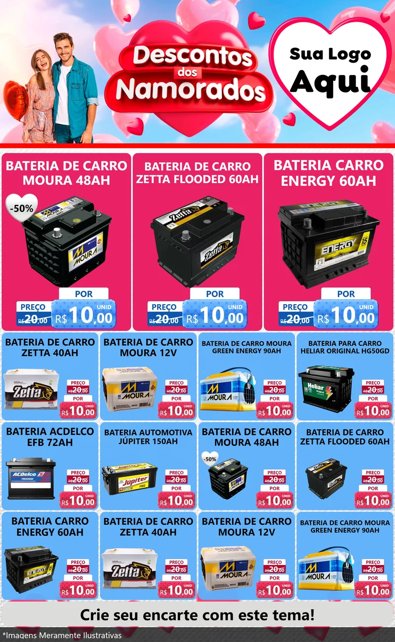 Modelo de Encarte para Encarte Grande com o tema Descontos dos Namorados para Baterias Elétricas