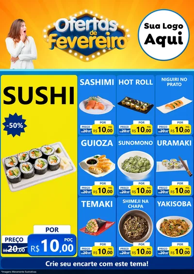 Modelo de Encarte para Encarte A4 Vertical com o tema Ofertas de Fevereiro para Comida japonesa