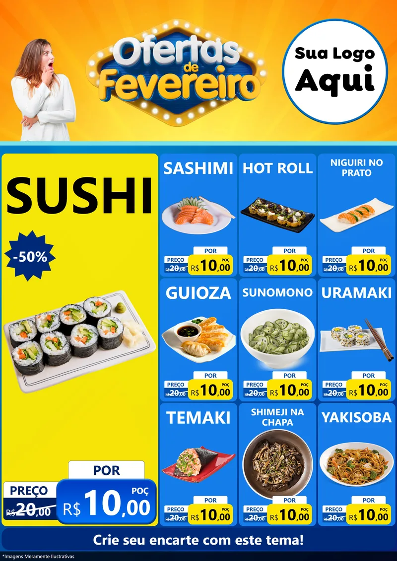 Modelo de Encarte para Encarte A4 Vertical com o tema Ofertas de Fevereiro para Comida japonesa