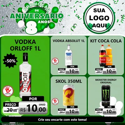 Modelo de Rede Social para Feed Facebook com o tema Promoção de Aniversário - 8 Anos para Distribuidora de bebidas
