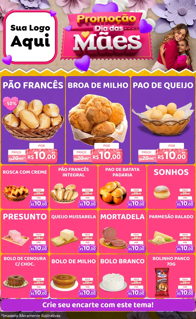 Modelo de Encarte para Encarte Grande com o tema Promoção Dia das Mães para Padaria