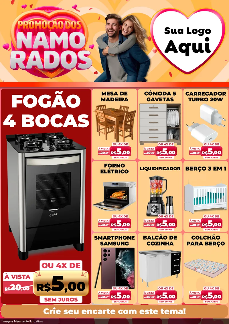 Modelo de Encarte para Encarte A4 Vertical com o tema Promoção dos Namorados para Móveis e Eletro