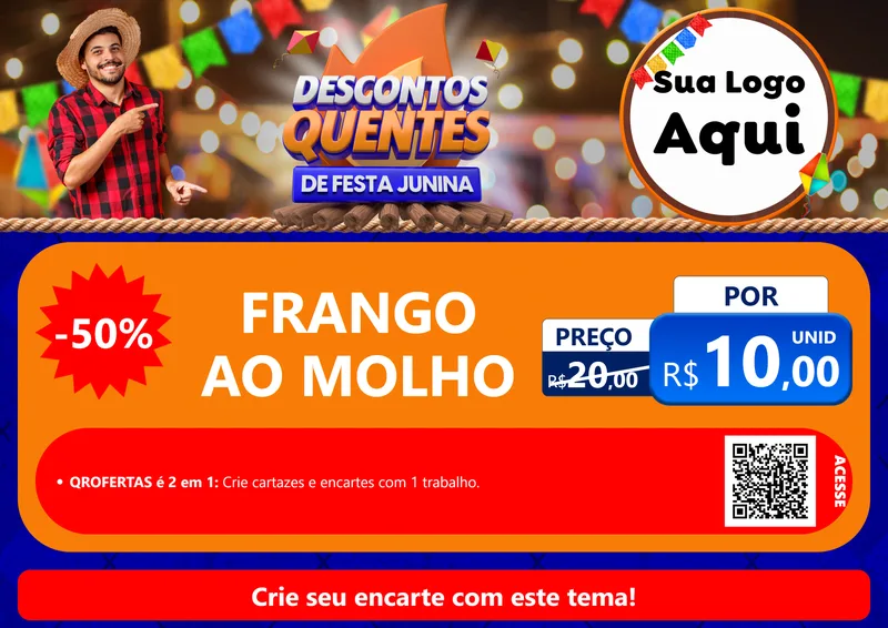 Modelo de Cartaz para Cartaz A4 Horizontal com o tema Descontos Quentes de Festa Junina para Restaurante