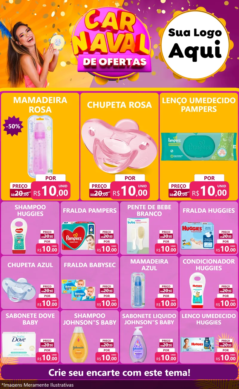 Modelo de Encarte para Encarte Grande com o tema Carnaval de Ofertas para Bebês