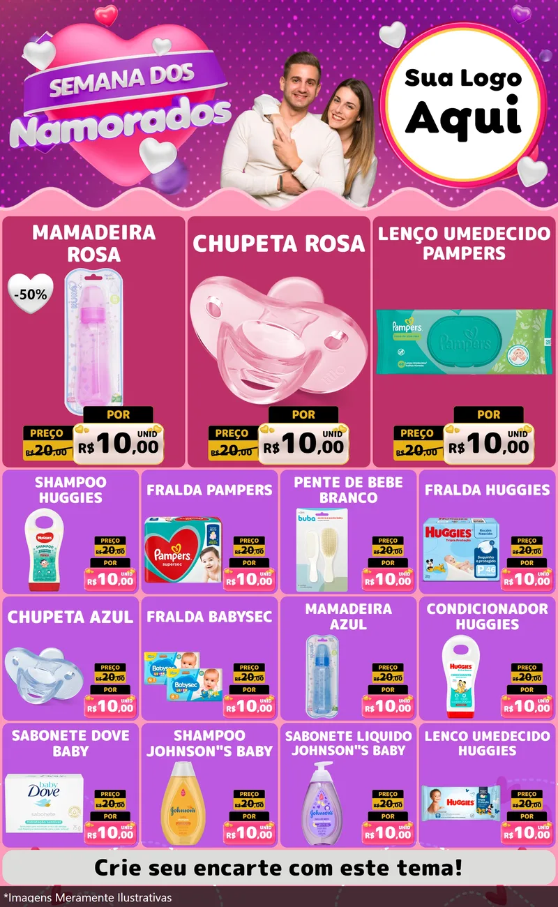 Modelo de Encarte para Encarte Grande com o tema Semana dos Namorados para Bebês