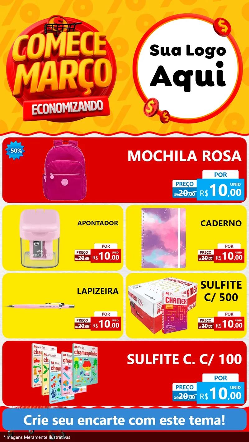 Modelo de TV para TV Vertical com o tema Comece Março Economizando para Papelaria