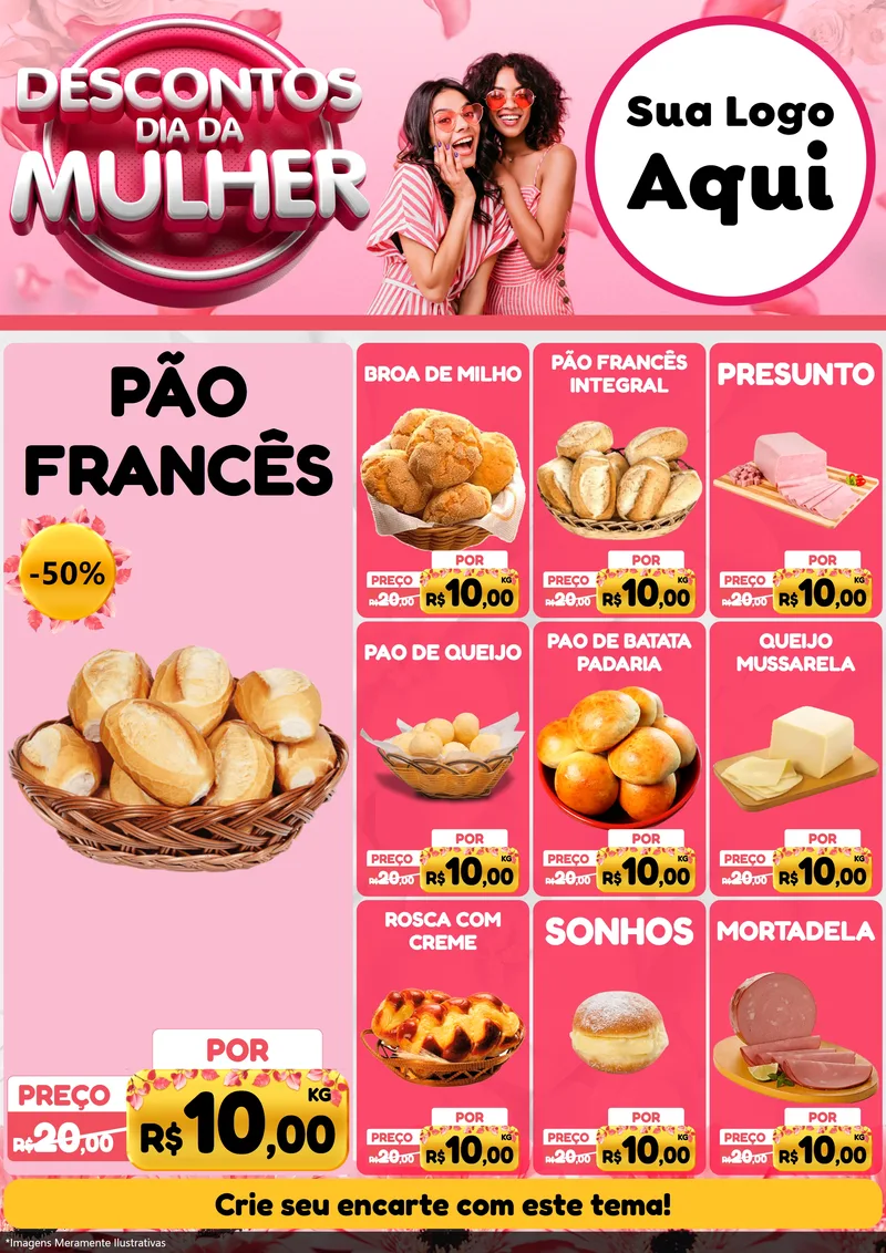 Modelo de Encarte para Encarte A4 Vertical com o tema Descontos Dia da Mulher para Padaria