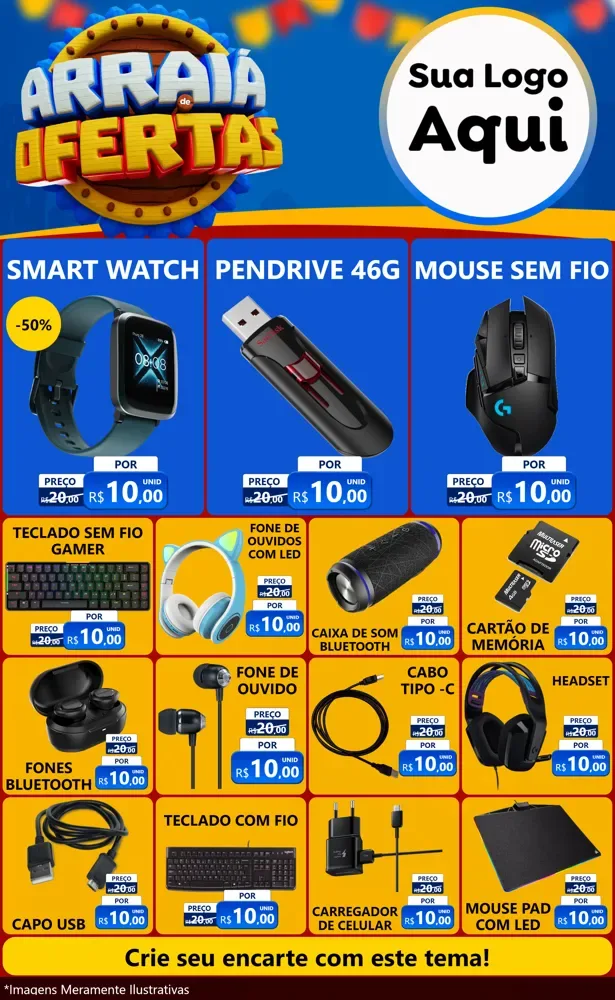 Modelo de Encarte para Encarte Grande com o tema Arraiá de Ofertas - Junina para Informática