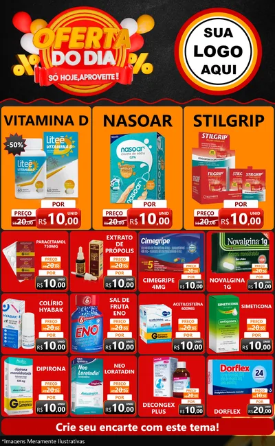 Modelo de Encarte para Encarte Grande com o tema Oferta do Dia - Só hoje, Aproveite! para Farmácia