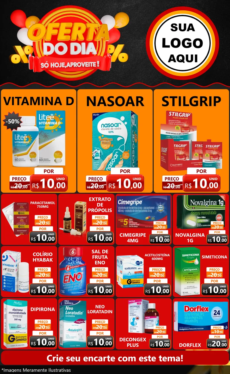 Modelo de Encarte para Encarte Grande com o tema Oferta do Dia - Só hoje, Aproveite! para Farmácia