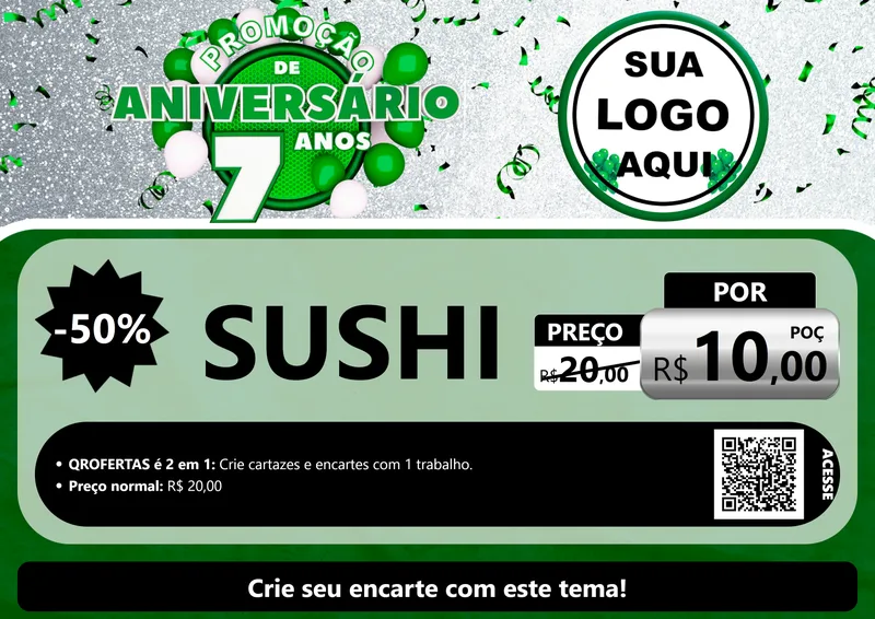 Modelo de Cartaz para Cartaz A4 Horizontal com o tema Promoção de Aniversário - 7 Anos para Comida japonesa