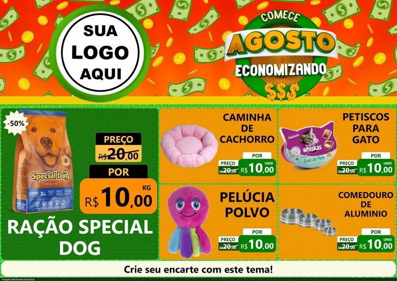 Modelo de Encarte para Encarte A4 Horizontal com o tema Comece Agosto Economizando para Pet Shop