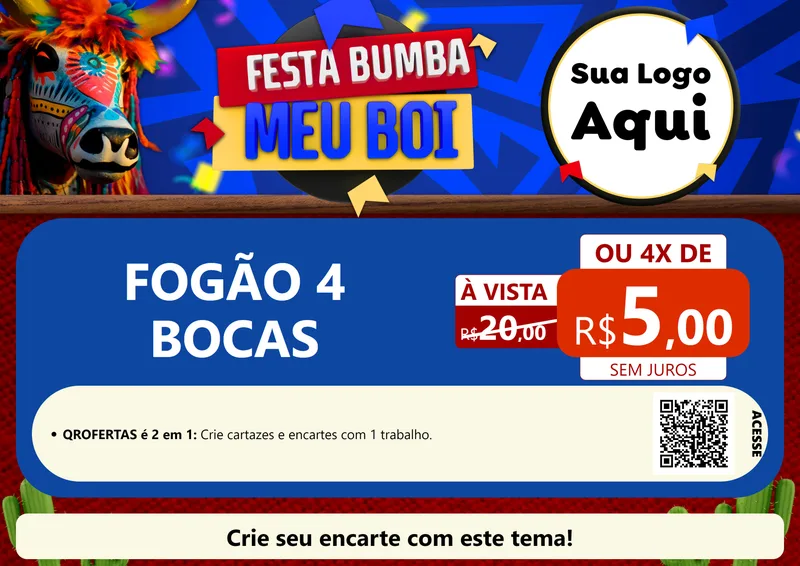Modelo de Cartaz para Cartaz A4 Horizontal com o tema Festa Bumba meu Boi para Móveis e Eletro