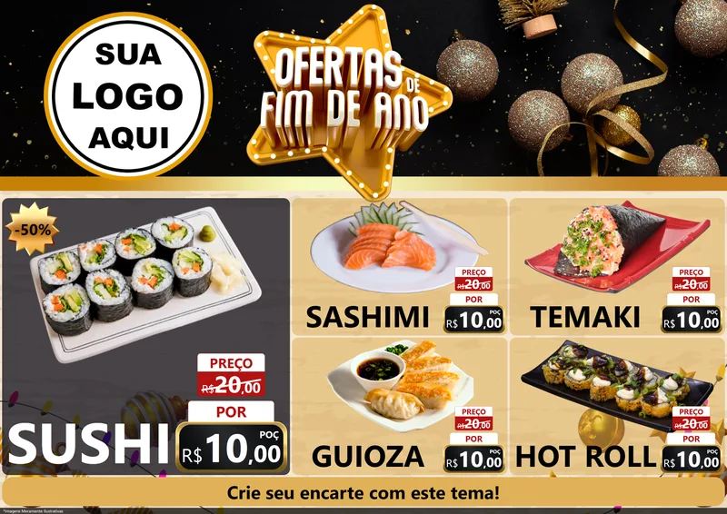 Modelo de Encarte para Encarte A4 Horizontal com o tema Ofertas de Fim de Ano para Comida japonesa