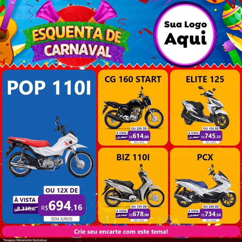 Modelo de Rede Social para Feed Facebook com o tema Esquenta de Carnaval para Concessionaria de Motos