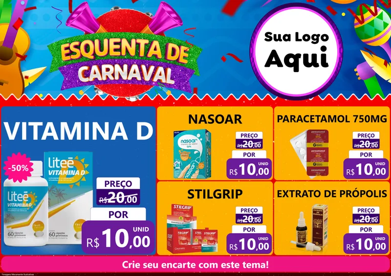 Modelo de Encarte para Encarte A4 Horizontal com o tema Esquenta de Carnaval para Farmácia