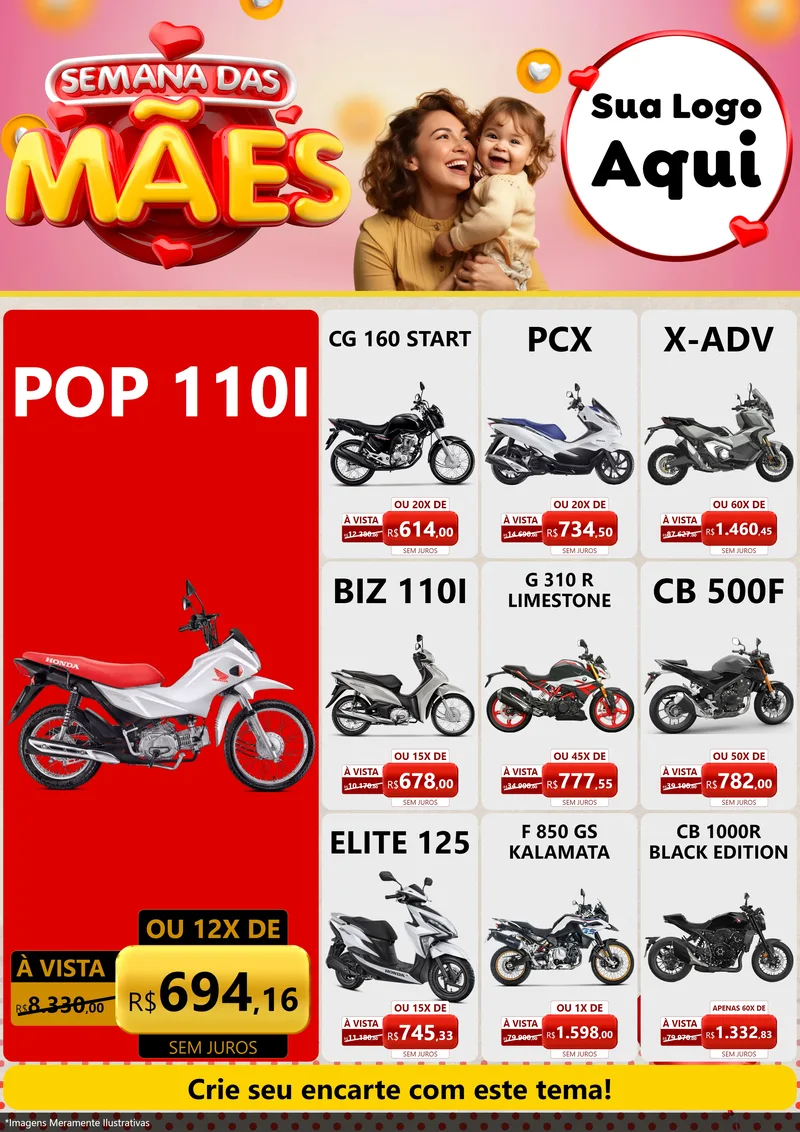 Modelo de Encarte para Encarte A4 Vertical com o tema Semana das Mães para Concessionaria de Motos