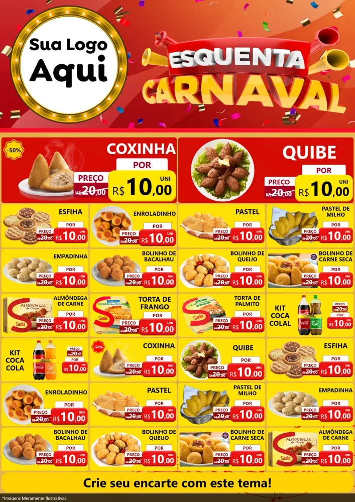 Modelo de Encarte para Encarte A4 Vertical com o tema Esquenta Carnaval para Salgadaria