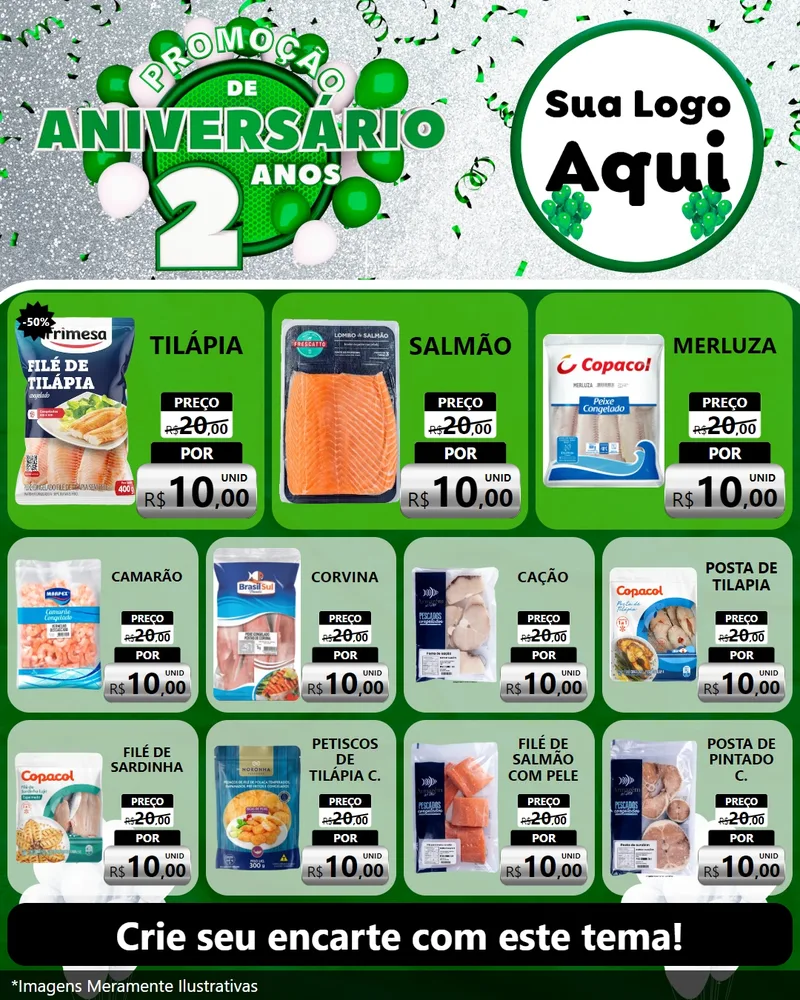 Modelo de Rede Social para Feed Instagram com o tema Promoção de Aniversário - 2 Anos para Peixaria