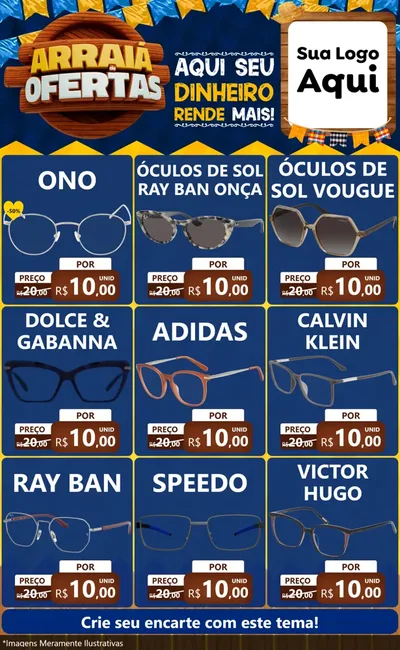 Modelo de Encarte para Encarte Grande com o tema Arraiá de Ofertas - Junina para Óticas