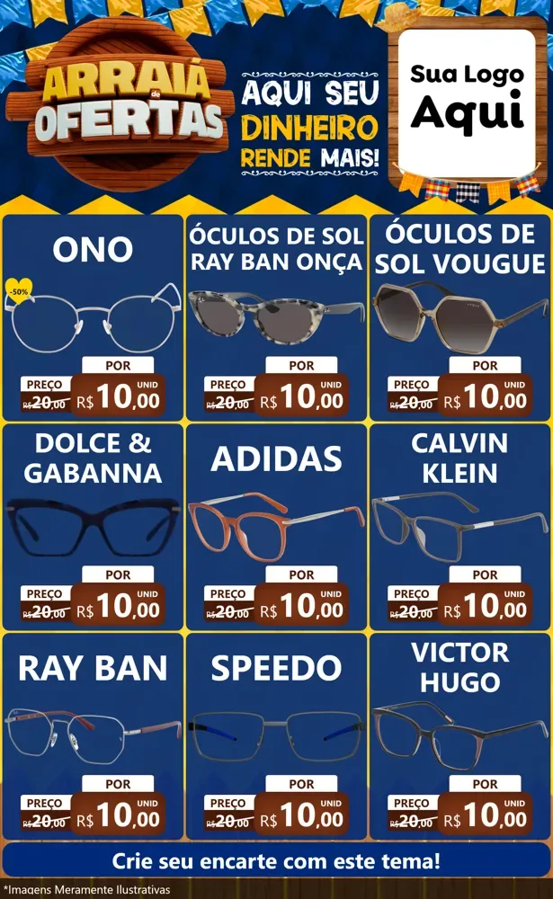Modelo de Encarte para Encarte Grande com o tema Arraiá de Ofertas - Junina para Óticas
