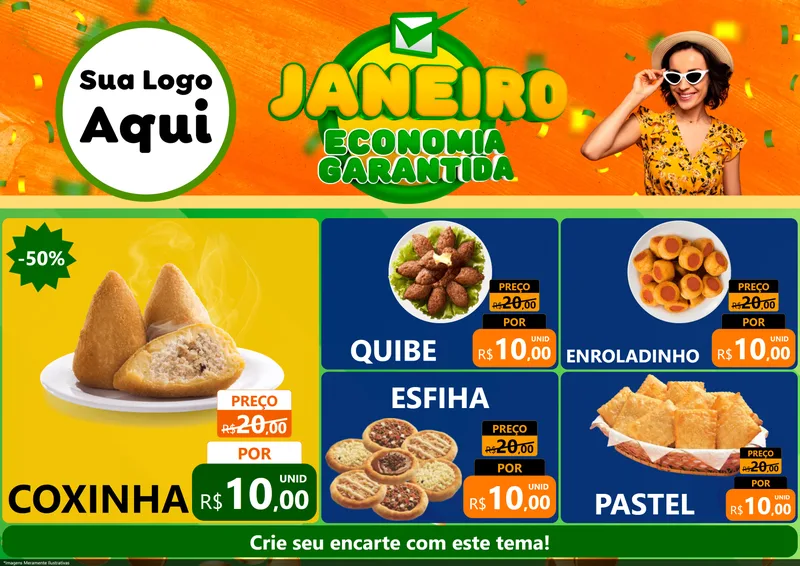 Modelo de Encarte para Encarte A4 Horizontal com o tema Janeiro - Economia Garantida para Salgadaria