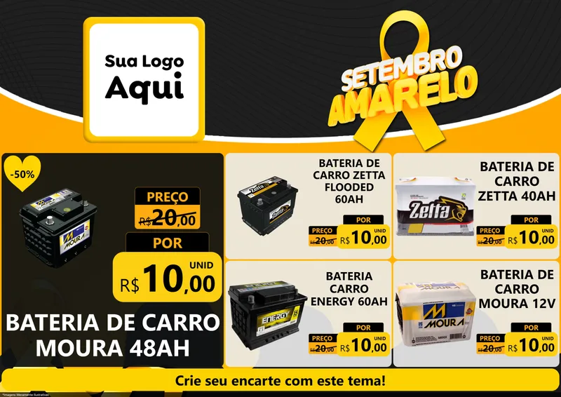 Modelo de Encarte para Encarte A4 Horizontal com o tema Setembro Amarelo para Baterias Elétricas