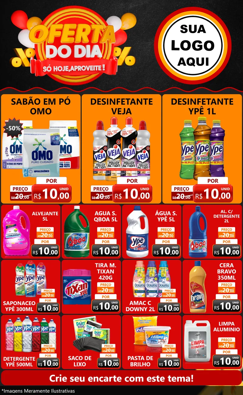 Modelo de Encarte para Encarte Grande com o tema Oferta do Dia - Só hoje, Aproveite! para Produtos de Limpeza