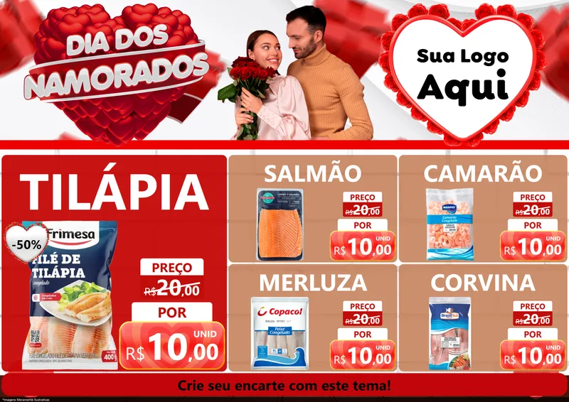 Modelo de Encarte para Encarte A4 Horizontal com o tema Dia dos Namorados para Peixaria