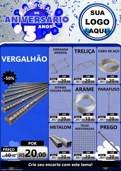 Modelo de Encarte para Encarte A4 Vertical com o tema Promoção de Aniversário - 3 Anos para Ferragens