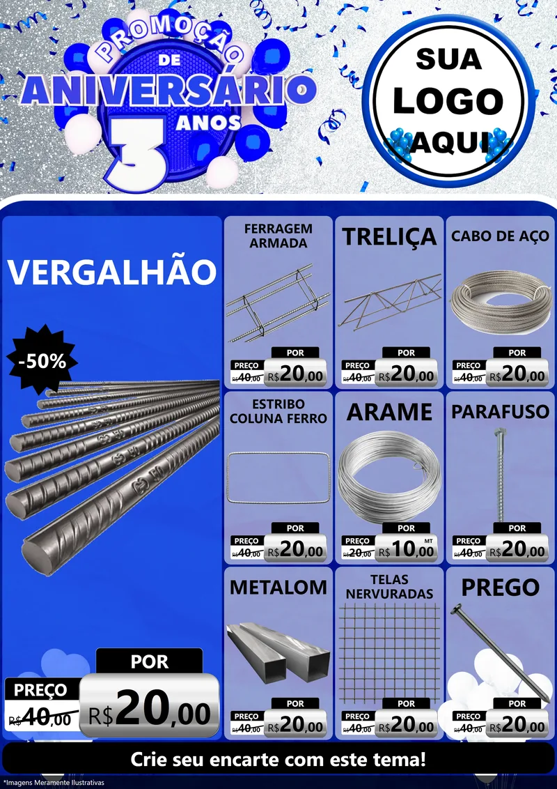 Modelo de Encarte para Encarte A4 Vertical com o tema Promoção de Aniversário - 3 Anos para Ferragens