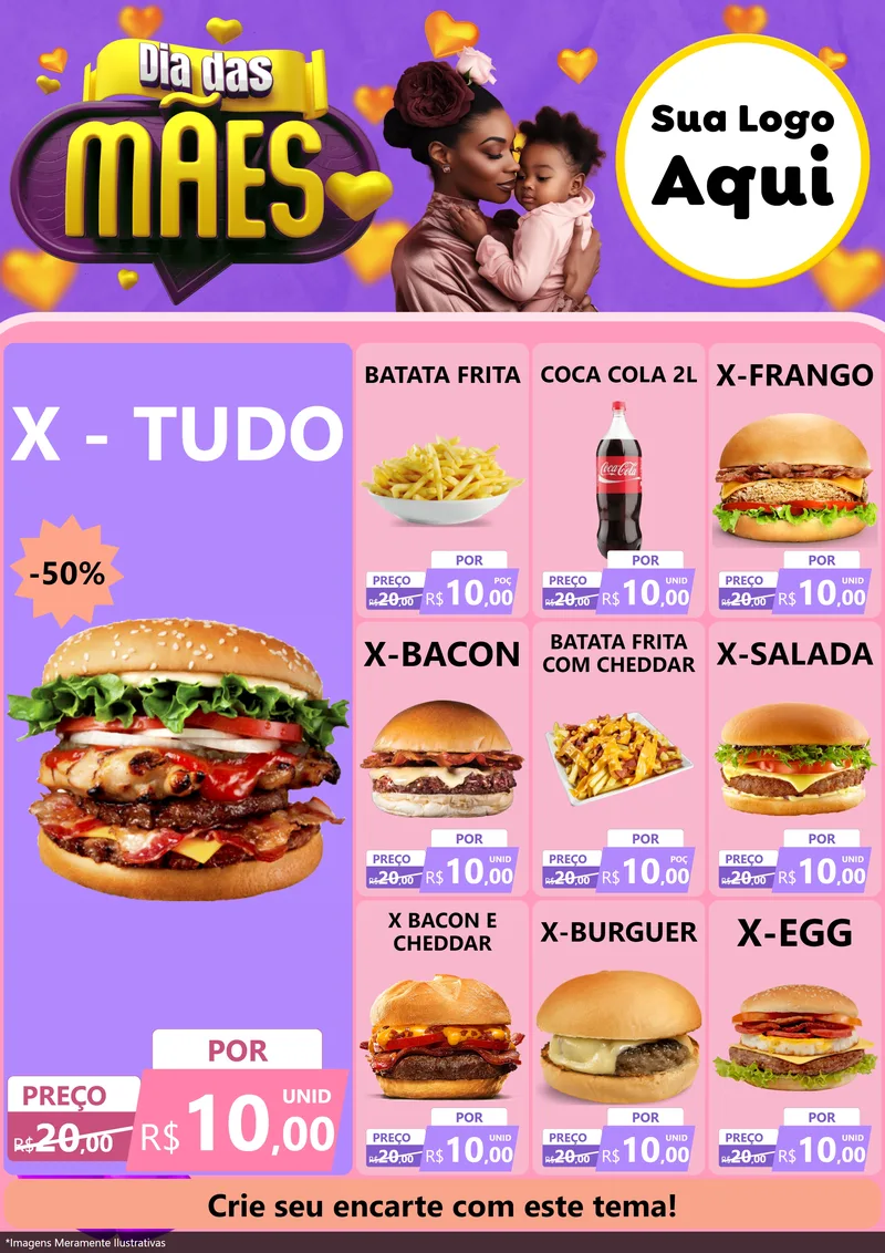 Modelo de Encarte para Encarte A4 Vertical com o tema Dia das Mães para Hamburgueria