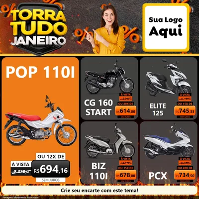 Modelo de Rede Social para Feed Facebook com o tema Torra Tudo Janeiro para Concessionaria de Motos