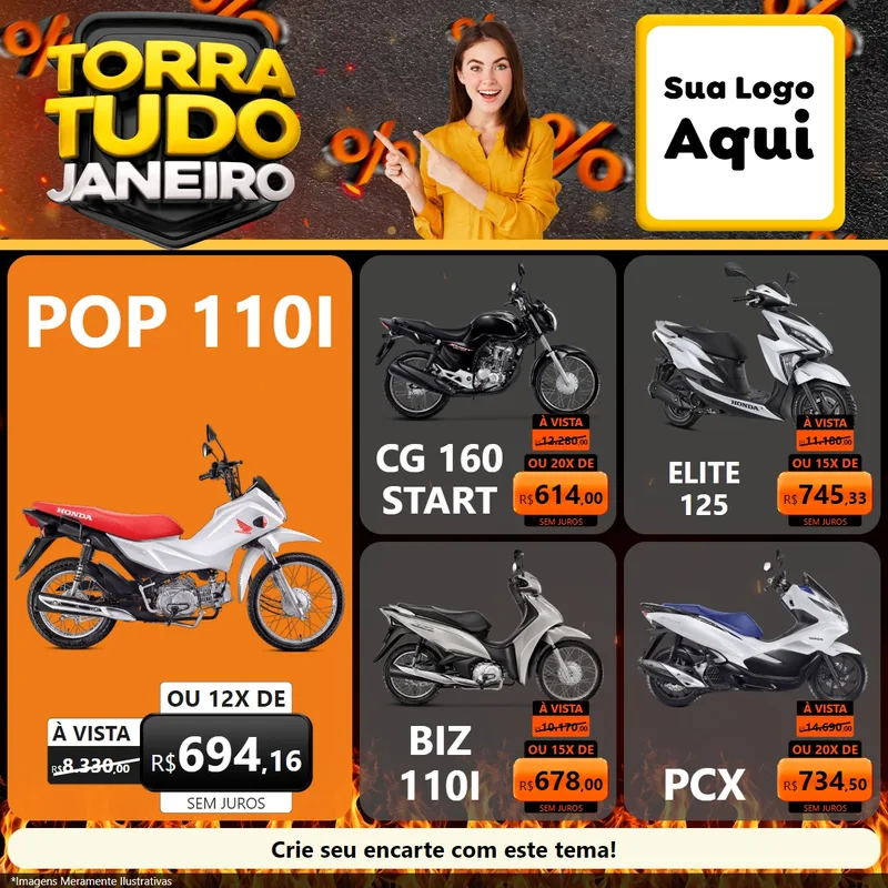 Modelo de Rede Social para Feed Facebook com o tema Torra Tudo Janeiro para Concessionaria de Motos