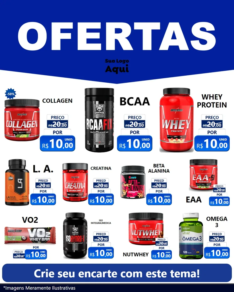 Modelo de Rede Social para Feed Instagram com o tema Ofertas Azul Cartaz para Suplementos alimentares