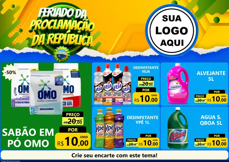 Modelo de Encarte para Encarte A4 Horizontal com o tema Feriado da Proclamação da República para Produtos de Limpeza