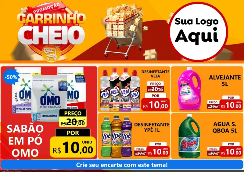 Modelo de Encarte para Encarte A4 Horizontal com o tema Promoção carrinho cheio para Produtos de Limpeza