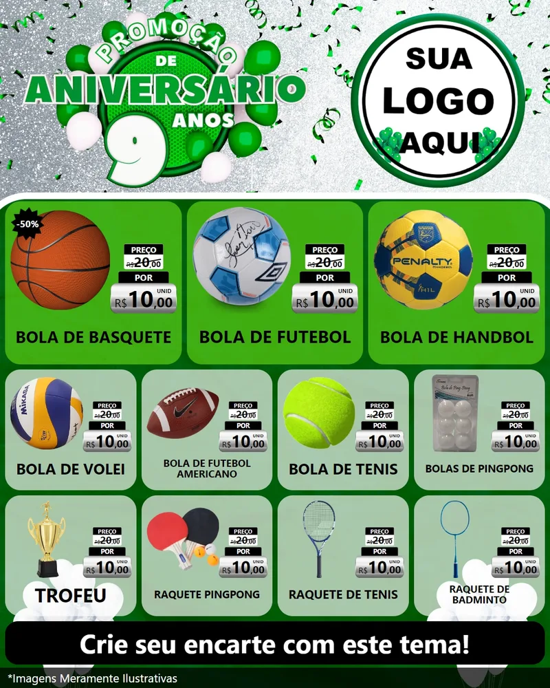 Modelo de Rede Social para Feed Instagram com o tema Promoção de Aniversário - 9 Anos para Artigos Esportivos