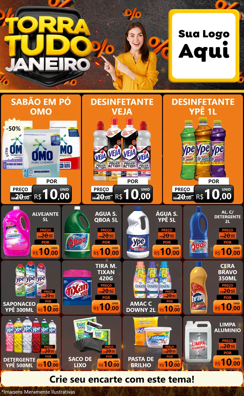 Modelo de Encarte para Encarte Grande com o tema Torra Tudo Janeiro para Produtos de Limpeza